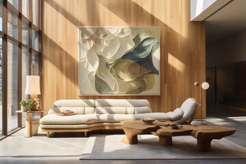 Artistic Expression: A living room featuring a wooden-framed sofa positioned beneath a large abstract wooden wall sculpture. Generative AI