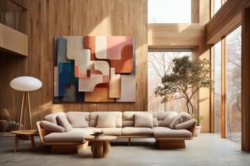 Artistic Expression: A living room featuring a wooden-framed sofa positioned beneath a large abstract wooden wall sculpture. Generative AI