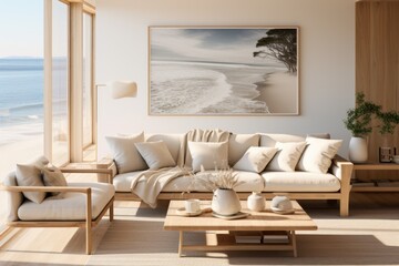 Coastal Relaxation: A coastal-inspired living room with a wooden-framed sofa draped in white linen, wooden beach decor, and a wooden coffee table. Generative AI