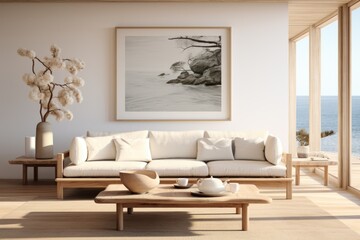 Coastal Relaxation: A coastal-inspired living room with a wooden-framed sofa draped in white linen, wooden beach decor, and a wooden coffee table. Generative AI