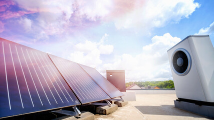 Heat pump and solar collector on the roof - obrazy, fototapety, plakaty
