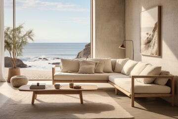 Coastal Relaxation: A coastal-inspired living room with a wooden-framed sofa draped in white linen, wooden beach decor, and a wooden coffee table. Generative AI