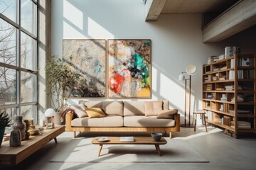 Urban Art Loft: A loft-style living room with a wooden-framed sofa surrounded by vibrant street art and wooden art easels. Generative AI