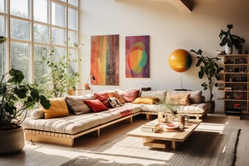 Eclectic Gathering Space: An eclectic living room with a mix of wooden-framed sofas, mismatched cushions, and an array of wooden side tables. Generative AI