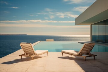 Fototapeta na wymiar A tranquil scene featuring two deck chairs positioned on a sunlit terrace with an infinity pool that seems to merge seamlessly with the boundless ocean beyond. Generative AI