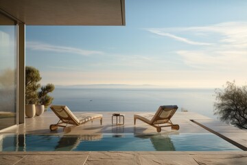 A tranquil scene featuring two deck chairs positioned on a sunlit terrace with an infinity pool that seems to merge seamlessly with the boundless ocean beyond. Generative AI
