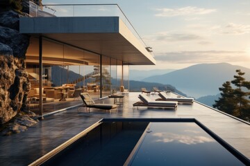 Fototapeta premium Minimalist mountain villa, sleek design, terrace, and pool with panorama. a smoggy daylight, light-colored photograph. Generative AI