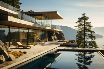 Fototapeta na wymiar Sleek pitched-roof villa in mountain setting, glass walls, terrace, and pool. Generative AI