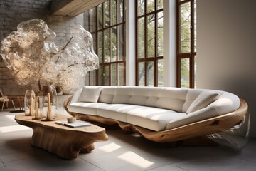 Rustic charm meets modern luxury: A handmade wooden tree trunk sofa in a sleek living room. Generative AI