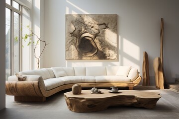 Contemporary fusion: A handmade wooden tree trunk sofa as the centerpiece of a modern living room. Generative AI
