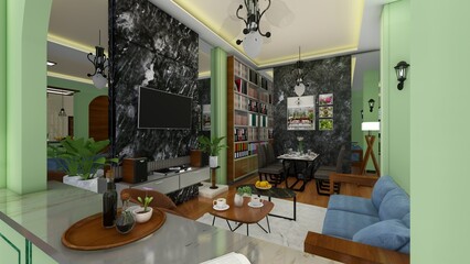 contemporary living room with open concept view to kitchen dining area and marble backdrop. 3d renders