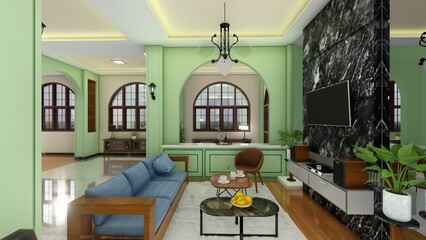 The interior of the living room in green and brown tones features a gray sofa on a wooden floor. 3d renders