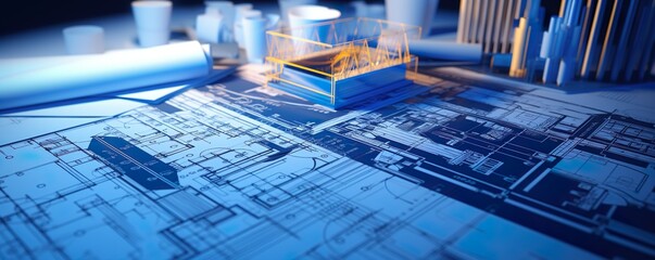Concept of construction and design. 3d render of blueprints | Generative AI