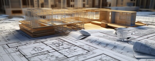 Concept of construction and design. 3d render of blueprints | Generative AI