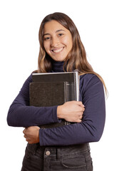 Smiling latin girl with books isolated on white background.