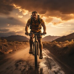 Man on a bicycle surrounded by mountain landscape at sunset. Made with Generative AI.