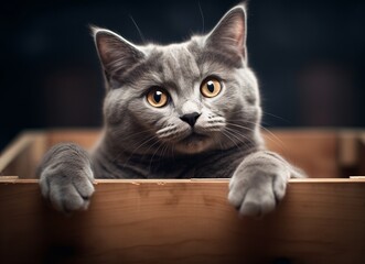 Photo of a curious gray cat on a wooden box