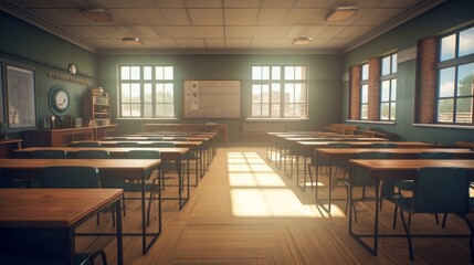 Photo of an empty classroom with desks and a clock