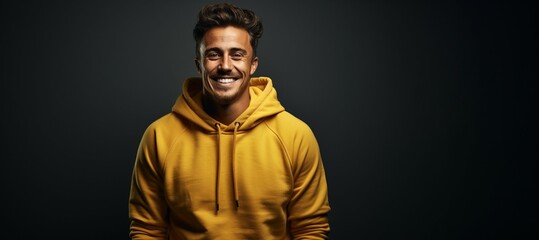 Obraz premium Concept of a man wearing a yellow pullover on a dark black background, smiling, space for text and logo