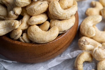 Hard roasted and peeled cashew nuts on the table