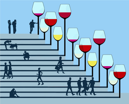 People go about their business in public  in a space decorated with glasses of wine.