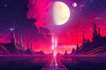Retro Sci-Fi Background Futuristic landscape of the 80s. Digital Cyber Surface. Suitable for design in the style of the 1980`s | Generative AI