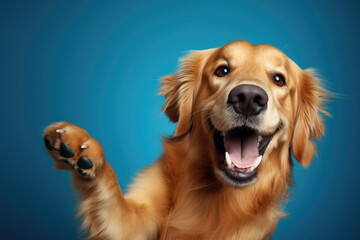 Heartwarming moment captures a happy dog waving its paw in a cheerful greeting against a vibrant...