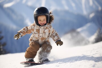 Cute child snowboarding down the slope