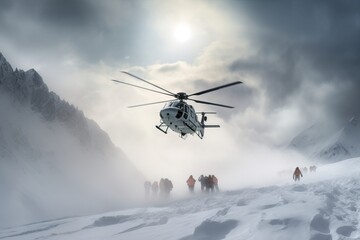 Fototapeta na wymiar Helicopter Rescue Mission - Snowy Mountain Landing