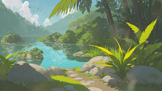 natural scenery with green forests, rock cliffs and beautiful lake. Cartoon or anime illustration style. seamless looping 4K time-lapse virtual video animation background.