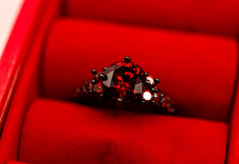 Close up of a red garnet ring in a red case 