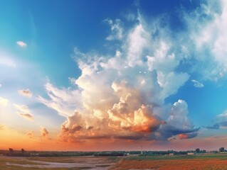 Generative AI : Beautiful colorful panorama of summer blue sky with white cirrus clouds during golden sunrise in summer morning Panoramic view