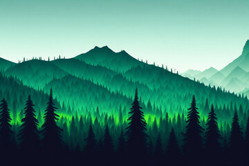 Adventure Travel Panorama - Forest Mountains Nature Landscape - Dark Green Valley Silhouette - Mountains Peak Illustration - AI Generated