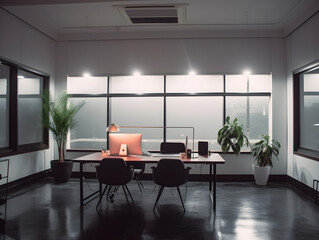 Fototapeta premium Interior of a modern office building at morning. AI generated.