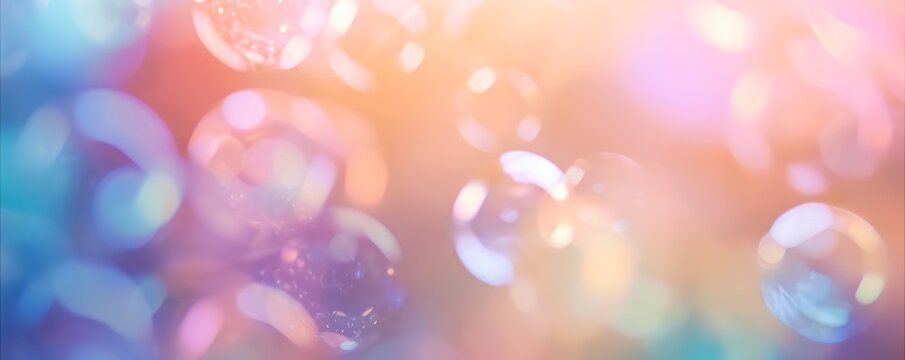 Soap bubbles as an abstract peach pink and soft blue backdrop. Wallpaper, cover, greeting card, background. Wide banner with copy space for text. AI generated digital design. 
