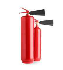 Obraz premium Two red fire extinguishers on white background