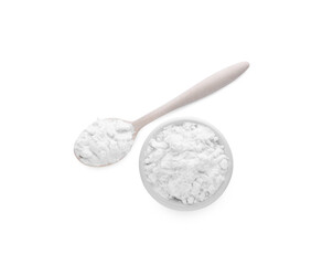 Bowl and wooden spoon of natural starch isolated on white, top view