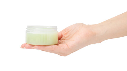 Woman holding jar of petroleum jelly on white background, closeup