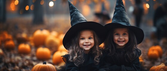Happy Halloween Festival! Attractive twin girl wearing a wizard hat. Cheerful moment with the Jack O' Lanterns pumpkin!