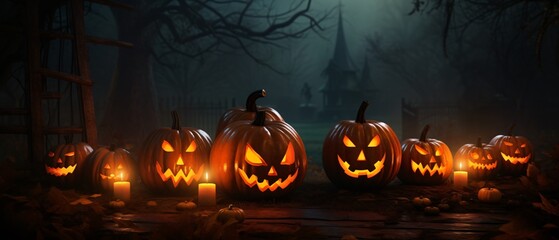 Halloween festival pumpkin a haunted evil glowing eyes of Jack O' Lanterns, Spooky night cinematic scene. 21:9 ratio for banner ads and cover.