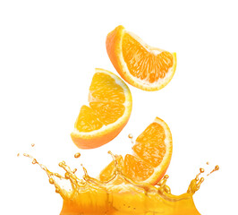 Cut orange falling into citrus juice on white background