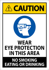 Caution Sign Wear Eye Protection In This Area, No Smoking Eating Or Drinking