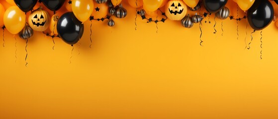Halloween background banner, including pumpkins, balloons on the backgrond. Studio lighting concept. 21:9 ratio for media ad.