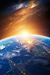 Foto auf Glas Panoramic view of the Earth, sun, star and galaxy. Sunrise over planet Earth, view from space. Elements of this image furnished by NASA   Generative AI © Kay
