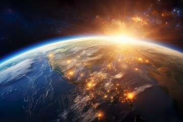 Panoramic view of the Earth, sun, star and galaxy. Sunrise over planet Earth, view from space. Elements of this image furnished by NASA   Generative AI