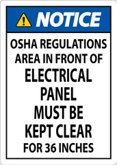 Notice Sign Osha Regulations - Area In Front Of Electrical Panel Must Be Kept Clear For 36 Inches