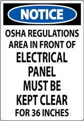 Notice Sign Osha Regulations - Area In Front Of Electrical Panel Must Be Kept Clear For 36 Inches