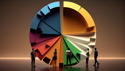 3d rendering people in front of symbol of pie chart on background, Ai generated image