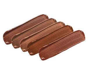 Foundation of various shades for different skin tones isolated on white, top view. Set of samples
