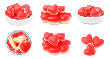 Fototapeta na wymiar Set with heart-shaped chewy candies isolated on white